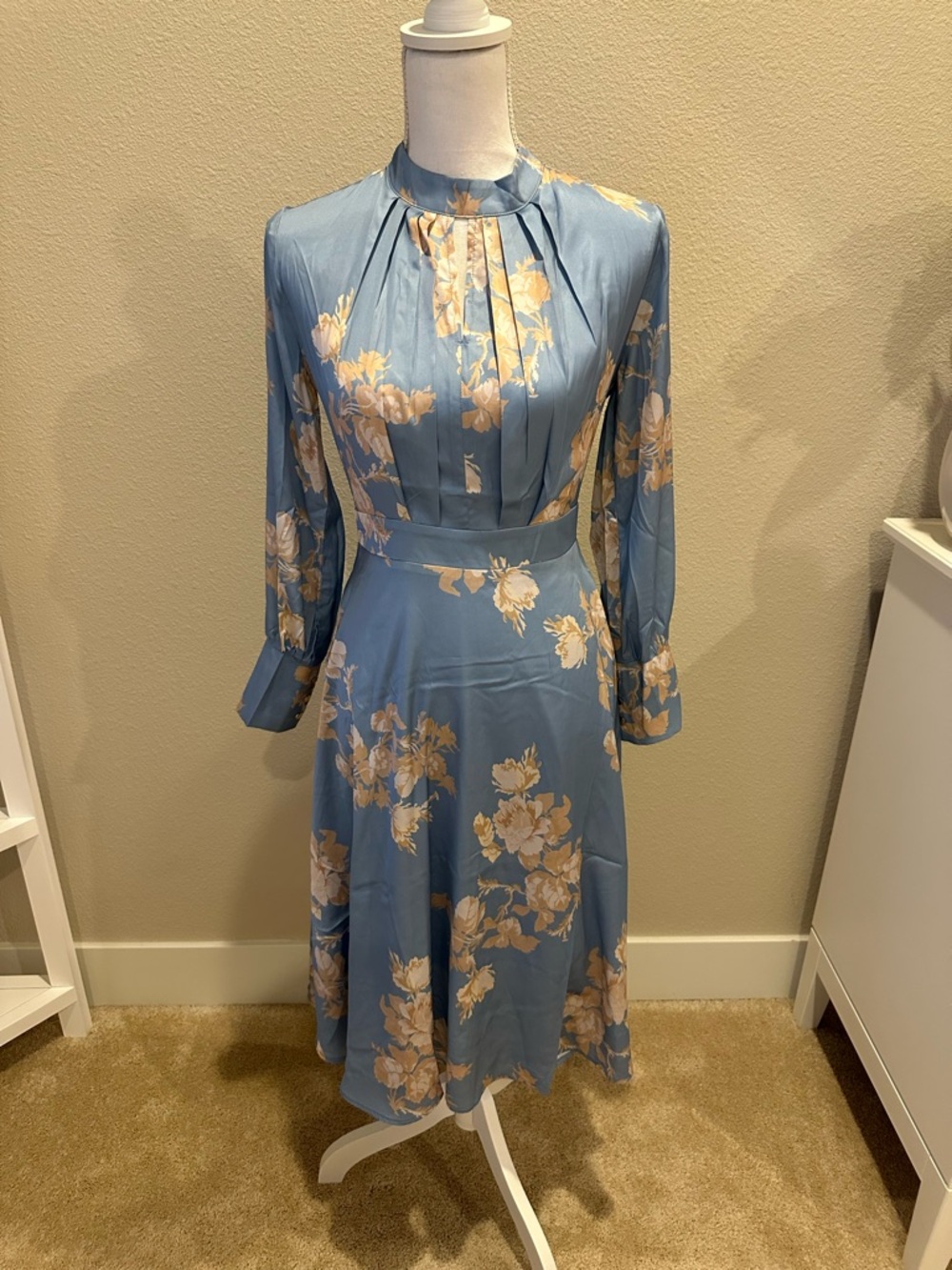 Chicwish Blue and Cream Floral Long Sleeve Midi Dress